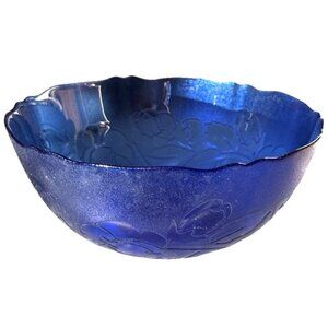 Arcoroc France Blue Glass Floral Scalloped Serving Salad Bowl Cobalt